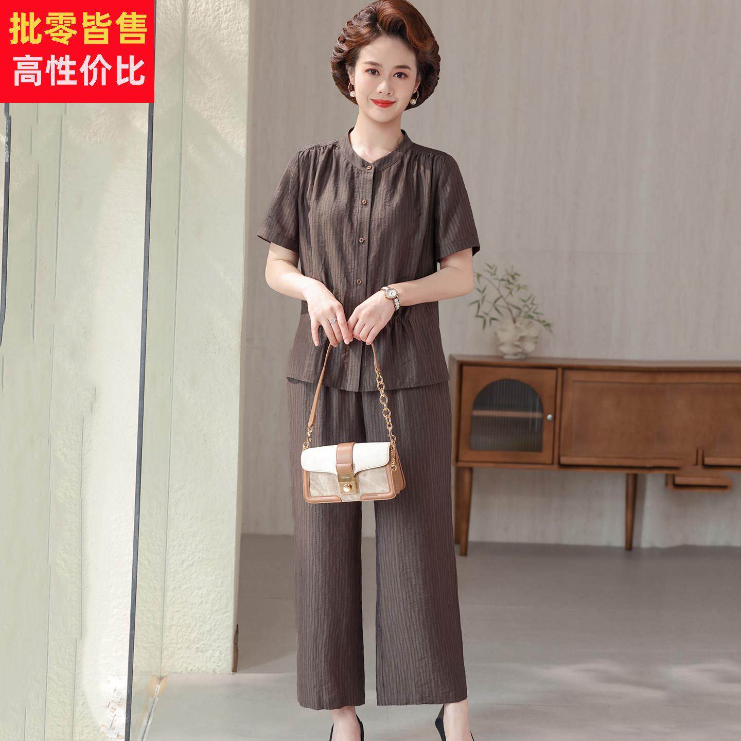新品妈妈夏装套装真丝国风条纹女高端时尚中老年两件套桑蚕丝宽松