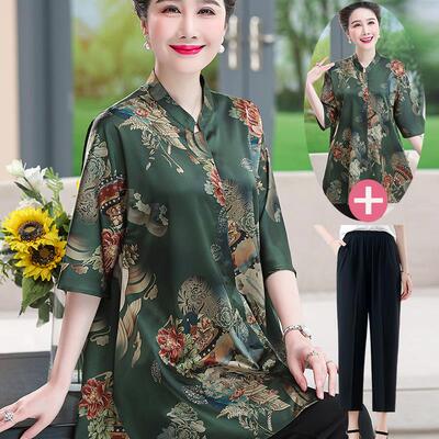 妈妈杭州桑蚕丝衬衫加肥特大码中长款上衣中老年人真丝衬衣女套装