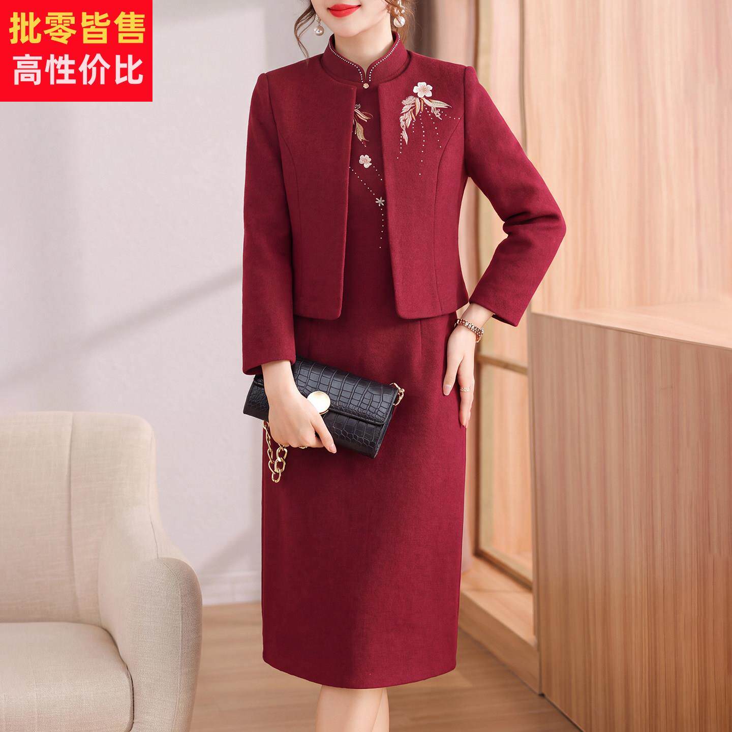 喜婆婆婚宴礼服平时可穿妈妈礼服两件套优雅高贵旗袍领红色连衣裙