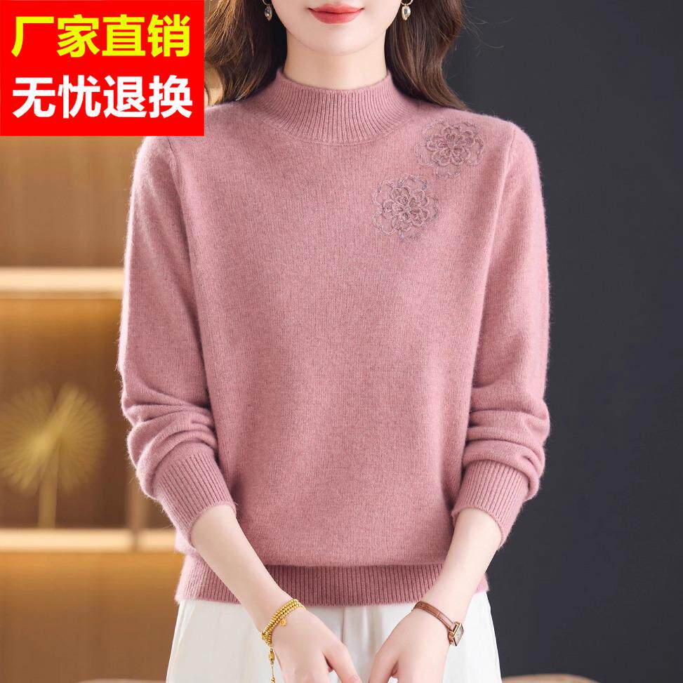 加厚毛衣100%纯羊绒衫女宽松时尚冬季保暖洋气妈妈半高领打底上衣