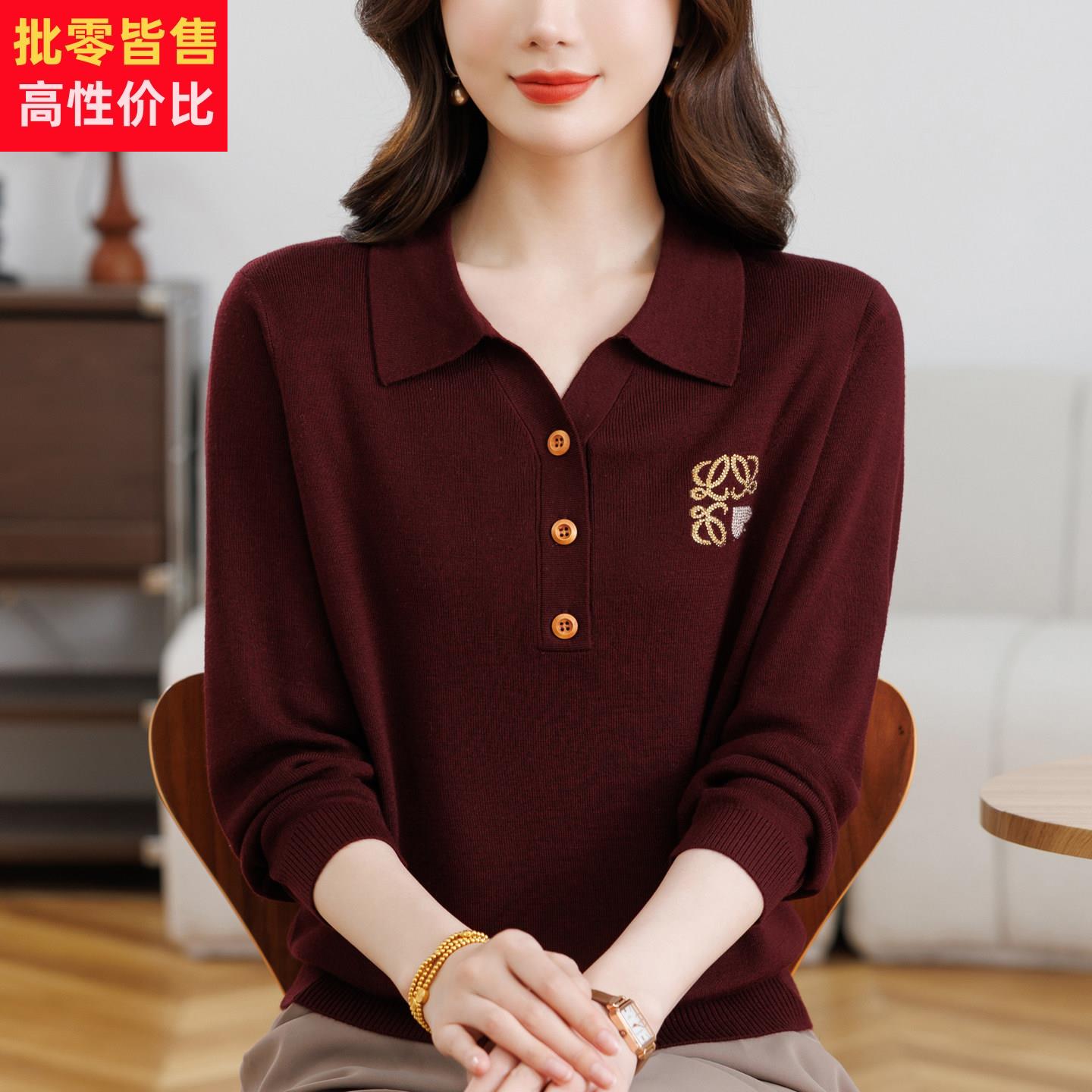 高档中老年女装春装新款九分袖方领T恤衫洋气妈妈女式休闲风小衫