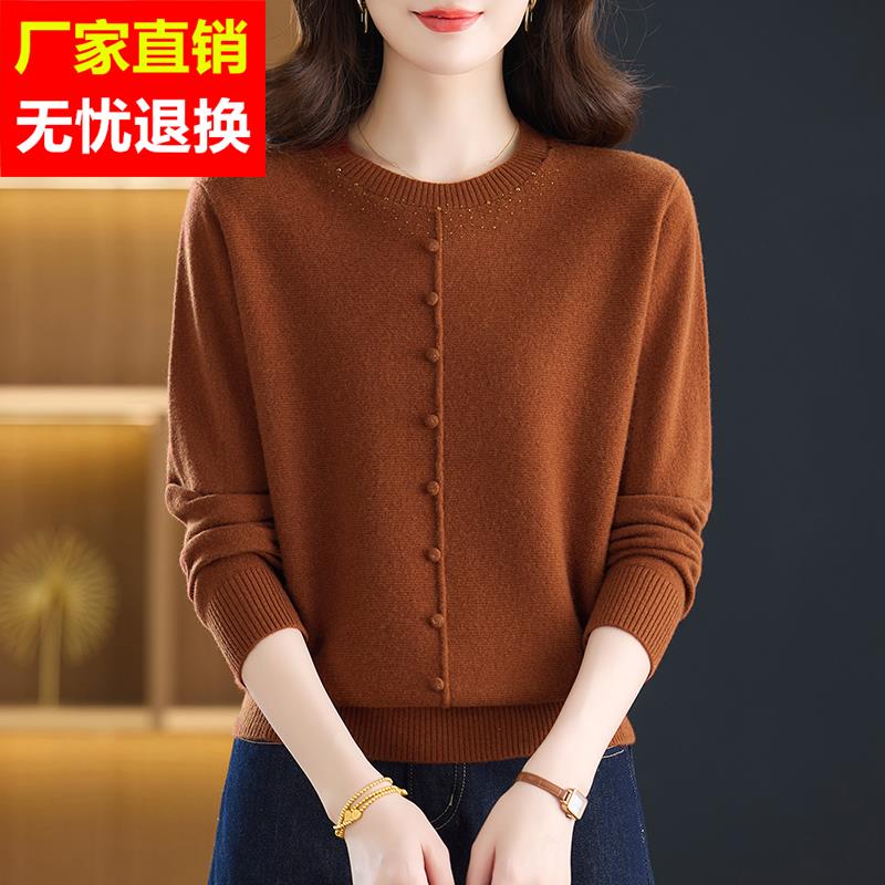 新款100%纯羊绒衫女秋冬圆领套头毛衣宽松显瘦减龄妈妈羊毛打底衫