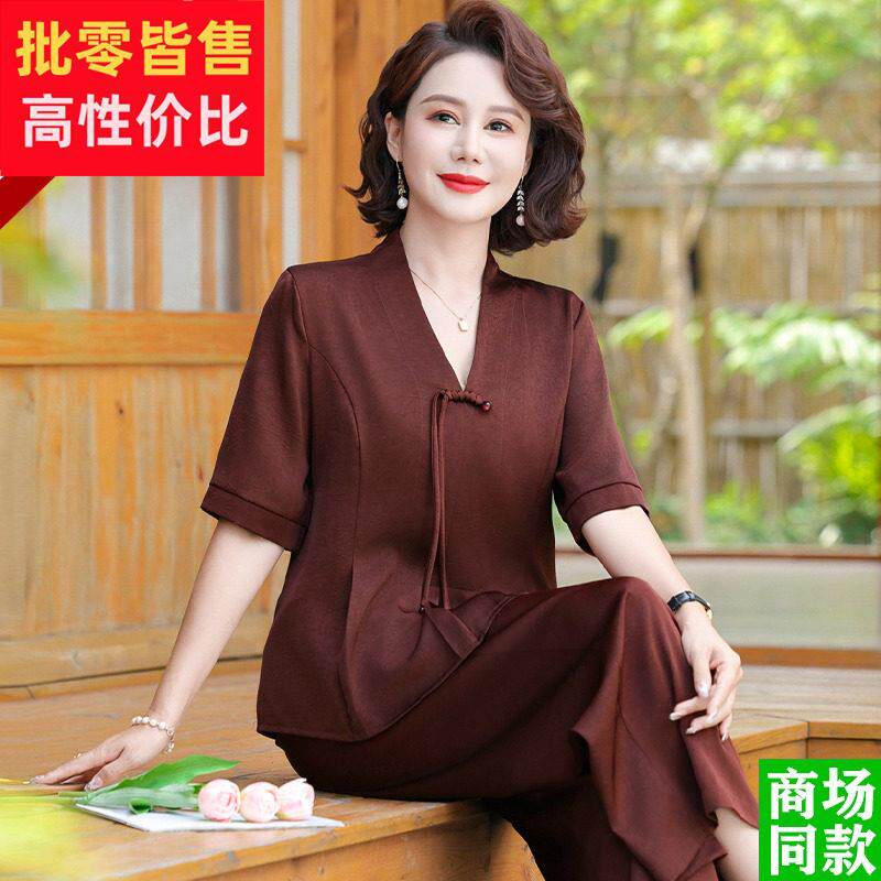 妈妈夏装洋派桑蚕丝两件套中袖上衣中老年女装新中式国风真丝套装