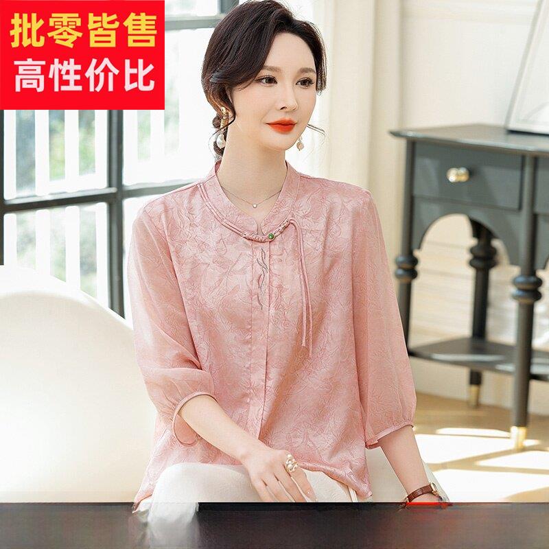 洋气妈妈装杭州真丝中袖上衣女夏季中老年桑蚕丝新中式纯色T恤薄