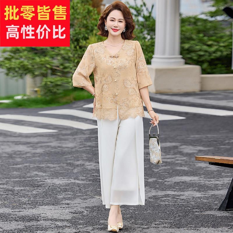 妈妈装夏装洋派减龄桑蚕丝上衣两件套中老年端庄大气国风真丝套装