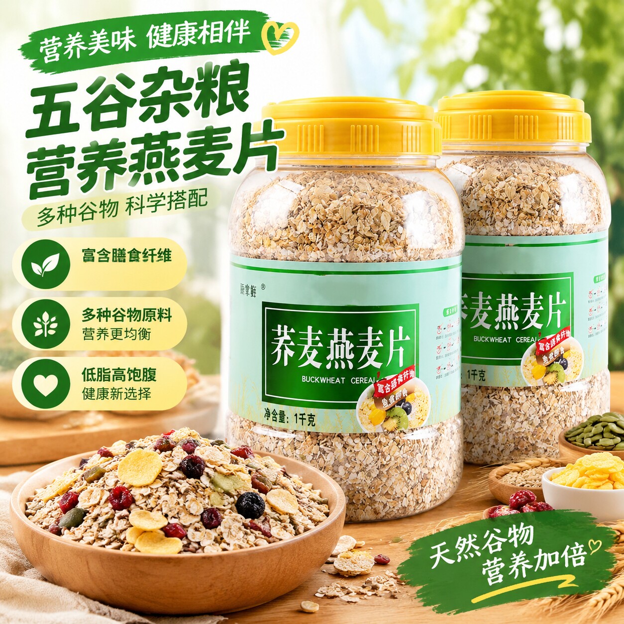 无糖精大桶装荞麦燕麦片免煮速溶泡代餐适合中老年人食品冲泡零食
