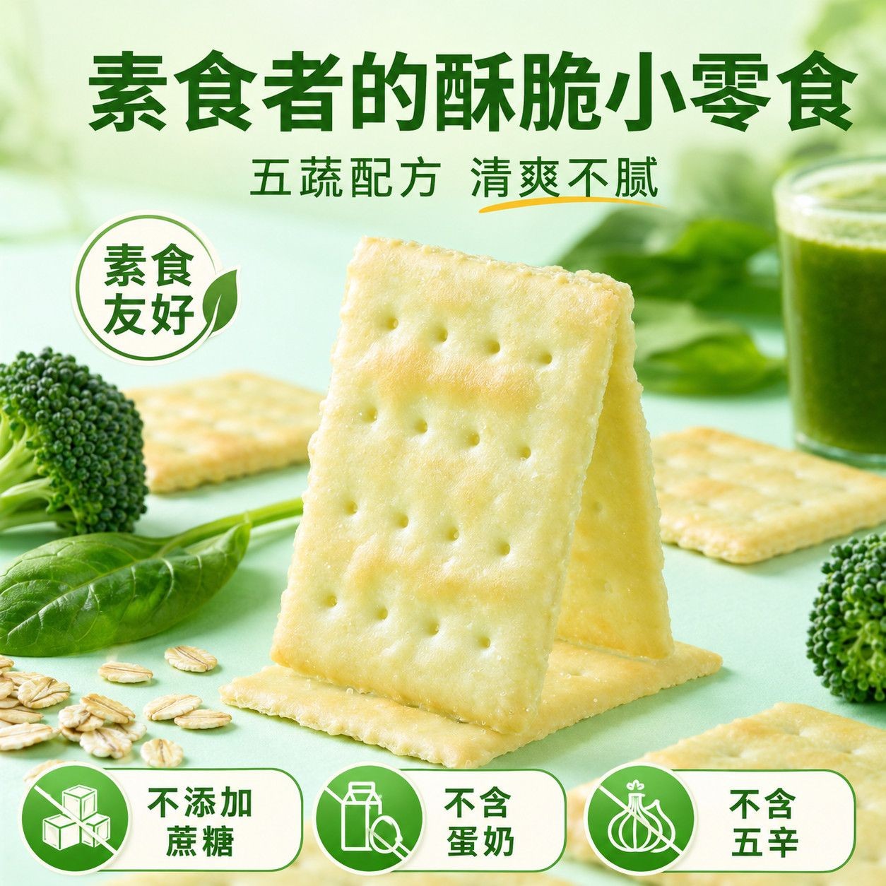纯素饼干五蔬青汁苏打饼无蔗糖佛家寺庙无蛋奶五辛健康小零食轻食
