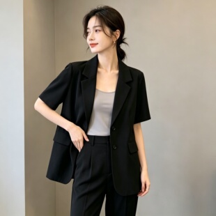 黑色冰丝短袖西装超薄垂感休闲显瘦百搭夏季外搭休闲西装女外套