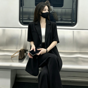 黑色冰丝短袖西装超薄垂感休闲显瘦百搭夏季外搭休闲西装女外套