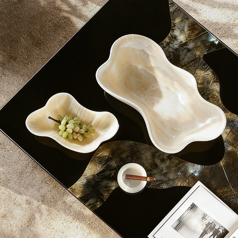 现代简约天然玉石果盘摆件客厅茶几家用零食干果收纳盘家居装饰品