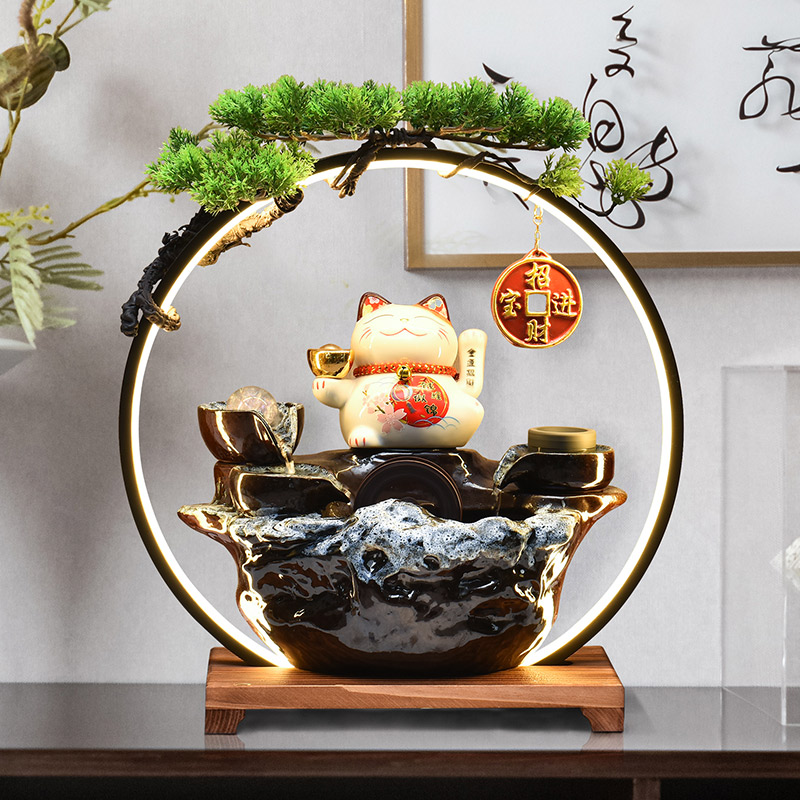 客厅聚财流水摆件循环水桌面招财猫饰品店铺开业送礼轻奢高端摆件