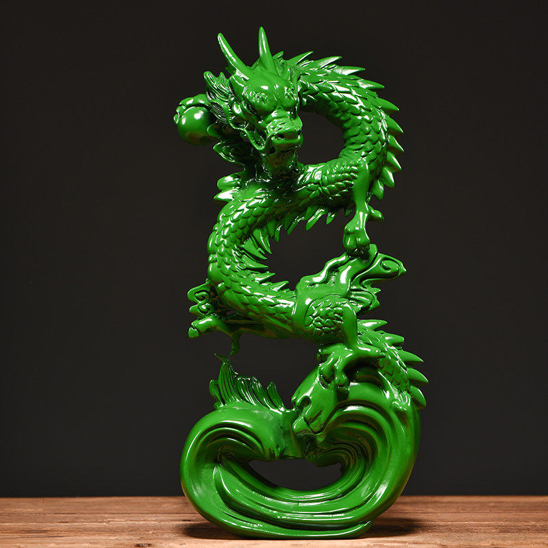 绿色实木雕刻盘龙摆件新中式十二生肖青龙家居装饰摆设补角工艺品