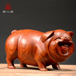 黄花梨木雕对猪摆件实木雕刻十二生肖动物客厅家居装 饰红木工艺品