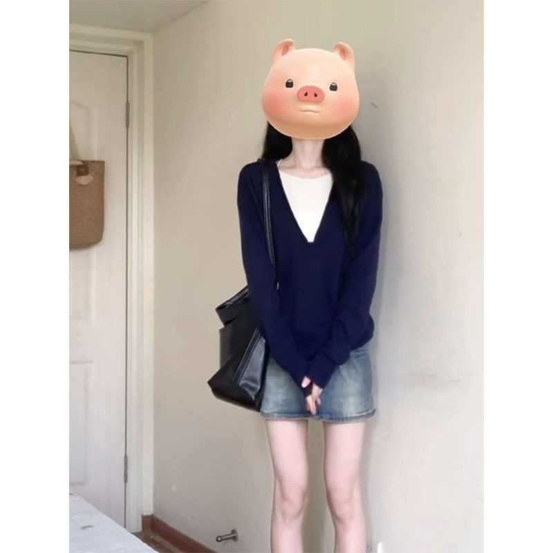 法式藏蓝色针织衫大领口套头毛衣女早秋新款薄款外搭长袖上衣