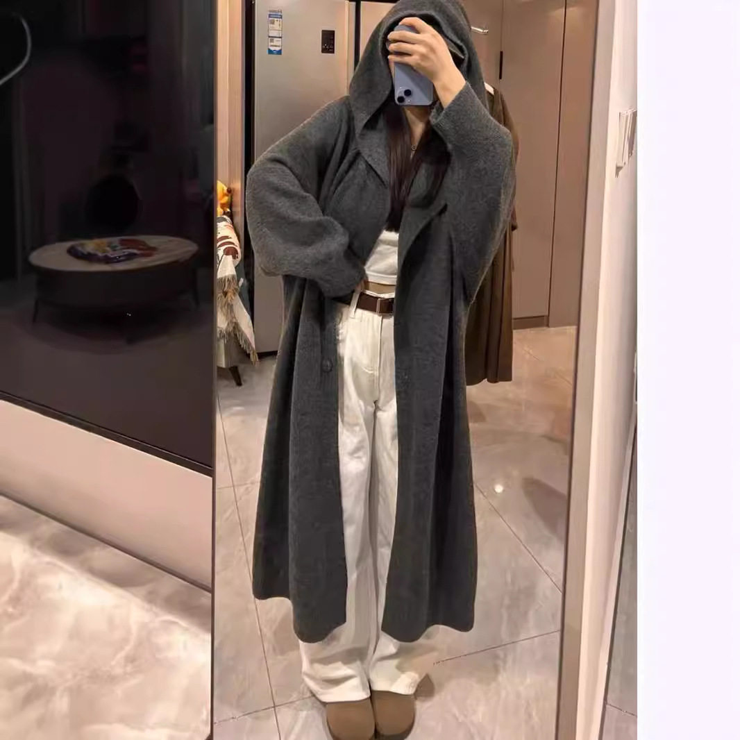 秋冬季慵懒风软糯毛衣外套女韩版复古宽松中长款连帽针织开衫大衣