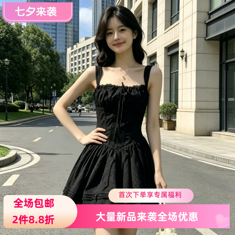 夏绑带显瘦短裙网纱蓬蓬裙连衣裙2026赫本风黑色花纹吊带连衣裙女