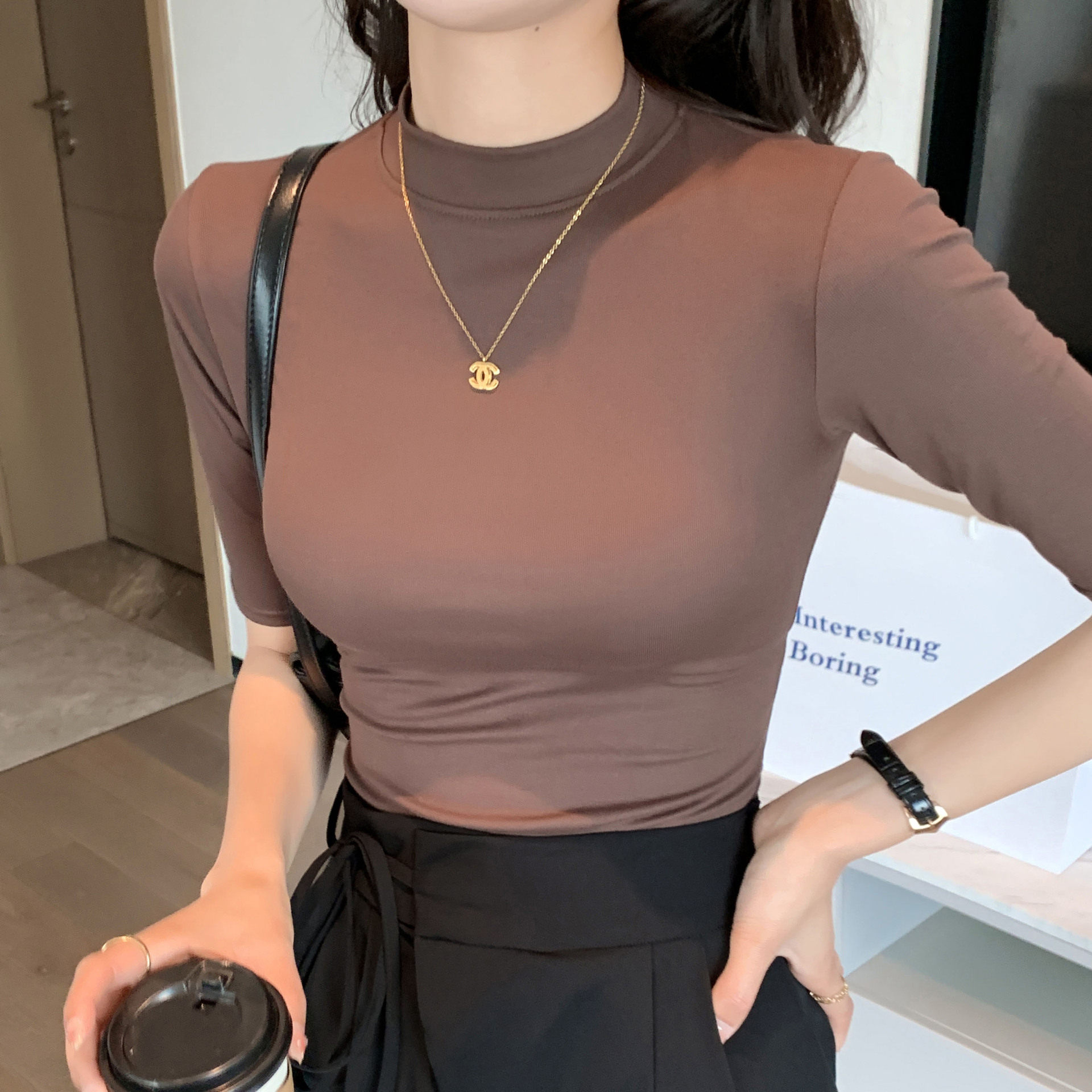 夏秋薄款修身立领短袖T恤女