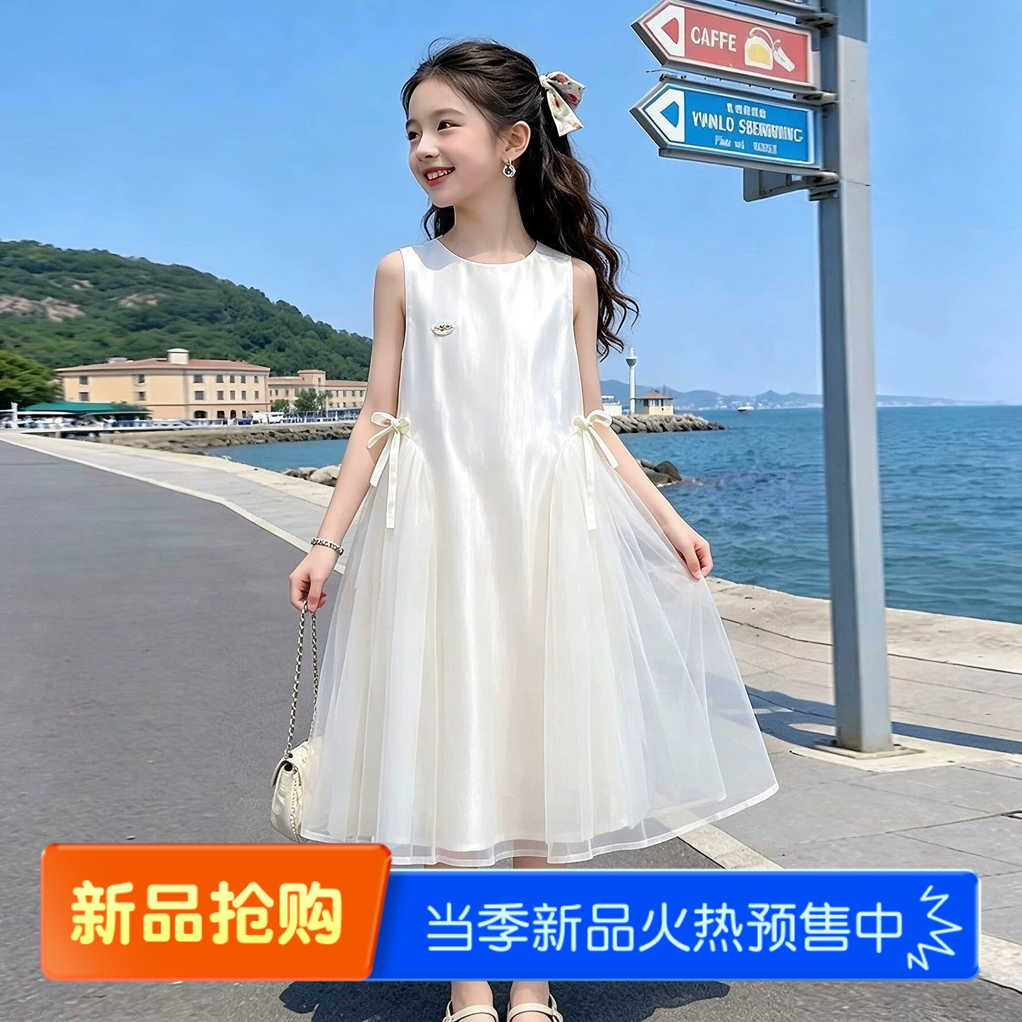 新款女童无袖连衣裙缎面拼接网纱蝴蝶结设计A字裙气质外贸公主裙