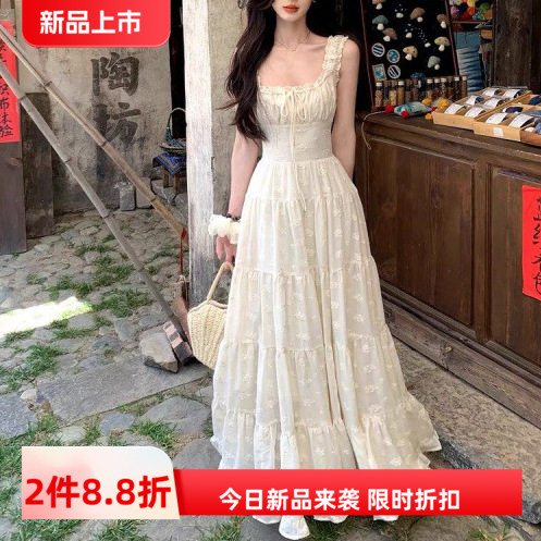 新款2026新款《摩纳庄园》夏掐腰吊带连衣裙女白色海边丁达尔裙
