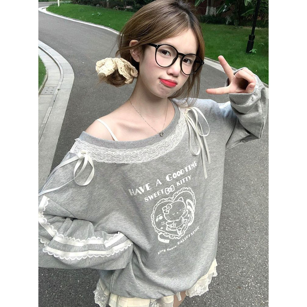 春秋斜领露肩蝴蝶结宽松卫衣女