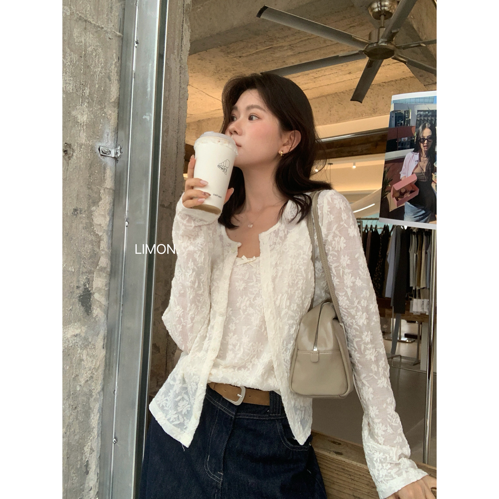 秋上新柠檬绿茶-蕾丝吊带背心+圆领长袖开衫两件套套装
