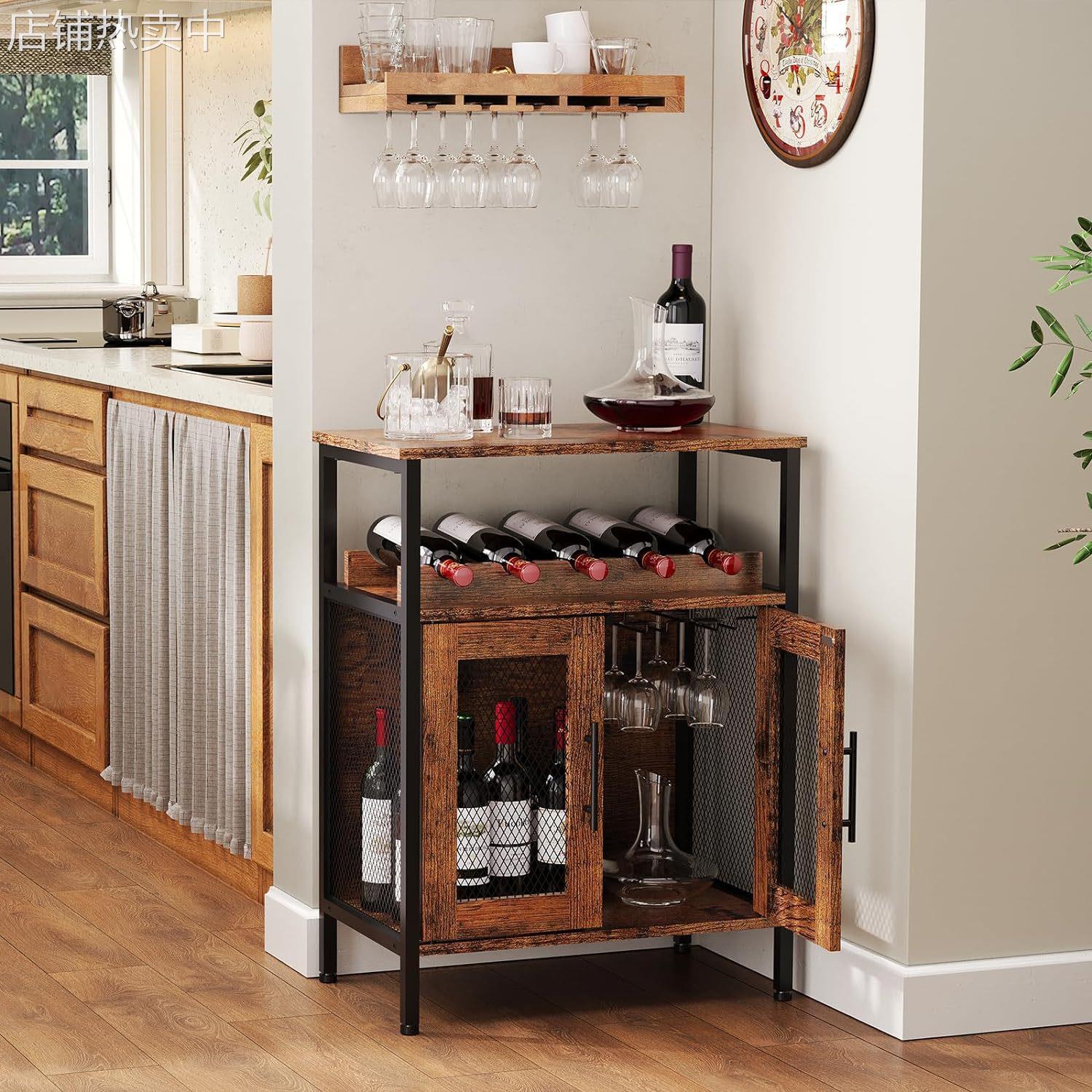现代简约餐边柜木质红酒架靠墙玻璃双门高脚收纳柜落地式红酒柜