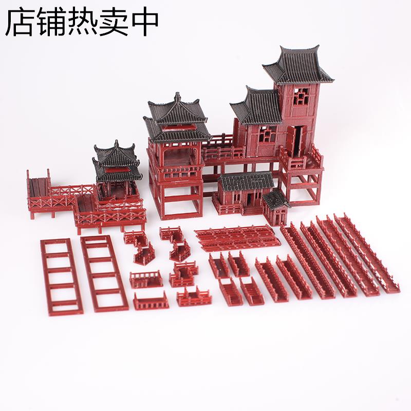 徽式小屋小摆件假山吸水石水陆缸微景观庭院盆景中式古建筑模型