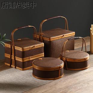 藤编收纳盒家用多层圆形复古餐食盒提篮便携茶具收纳纯手工竹编