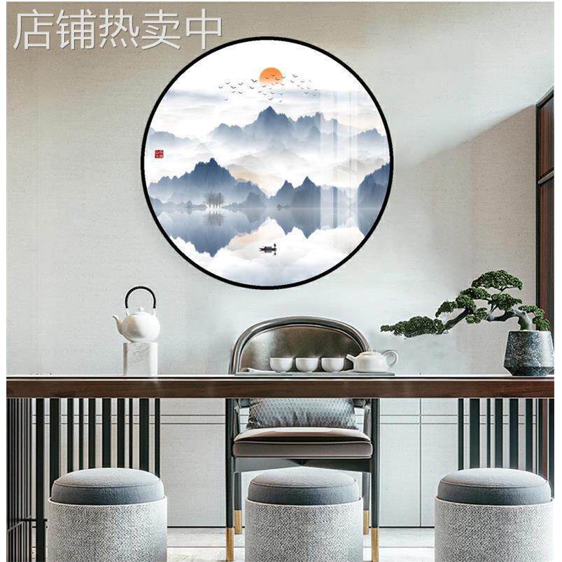 新中式壁灯画客厅背景墙灯风装饰茶室山水灯饰艺术圆形壁画灯