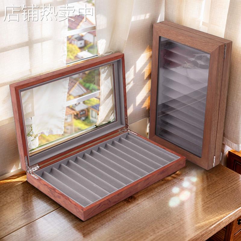 跨境12位复古木质钢笔收纳盒木制钢笔展示盒文具盒现货