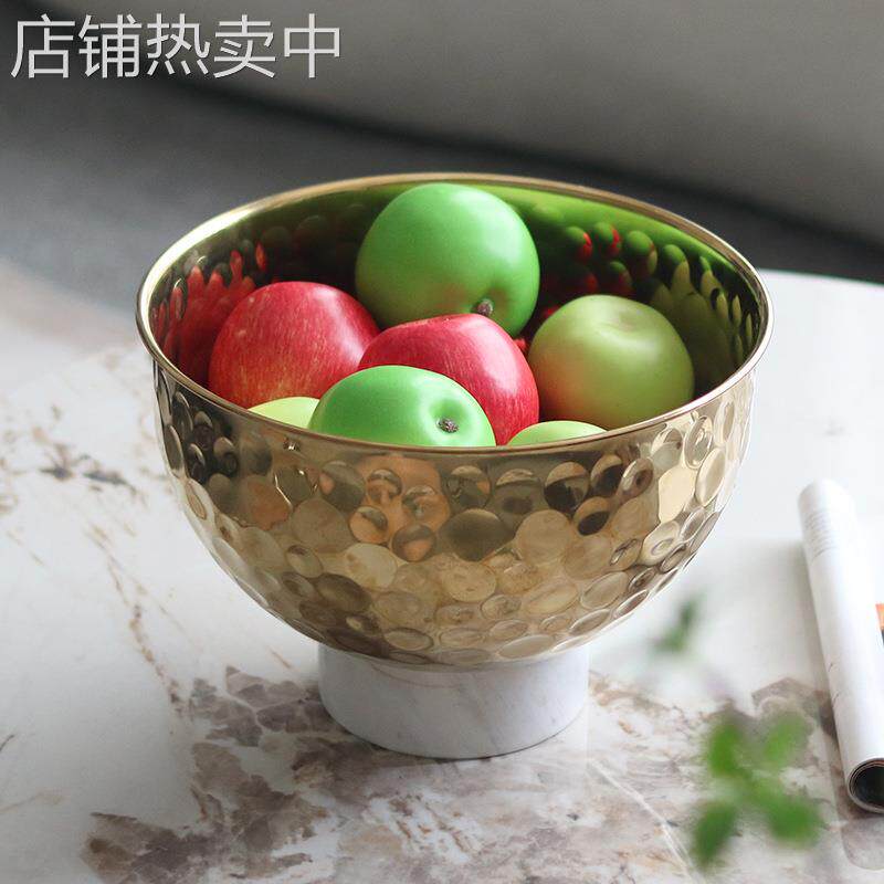 轻奢锤纹搅拌沙拉水果碗酒店会所别墅大理石底座锤点果盘果兜饰品