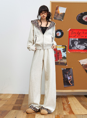秋冬美式休闲套装新款百搭拼接豹纹猫耳宽松长袖长裤垂感舒适慵懒