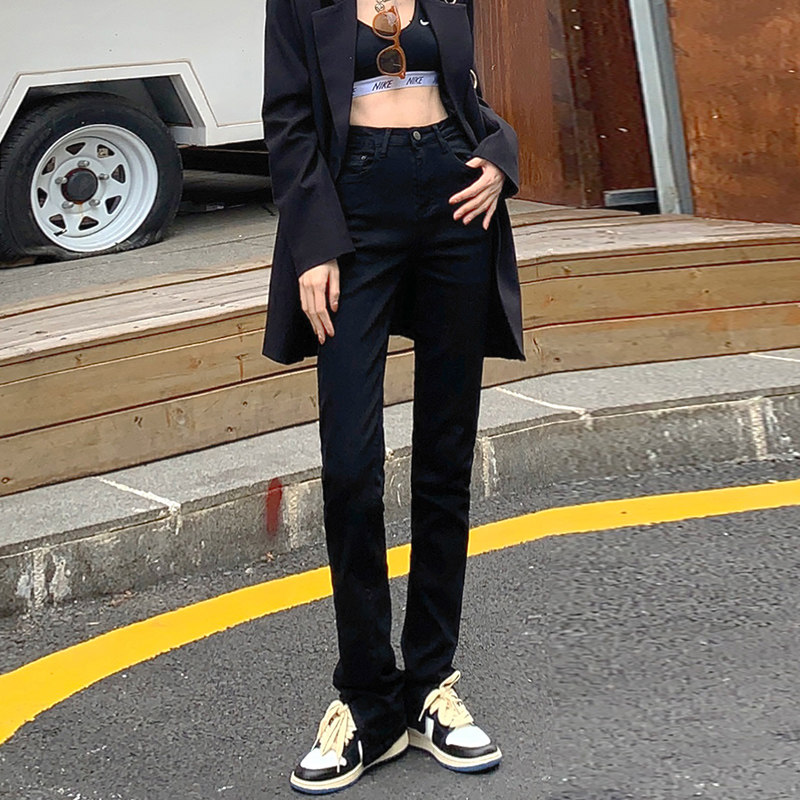 黑色显瘦直筒紧身开叉牛仔裤子女春2024新款弹力微喇叭马蹄小脚裤