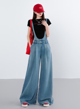 减龄牛仔背带阔腿裤女秋季新款宽松休闲韩版显瘦拖地直筒裤子