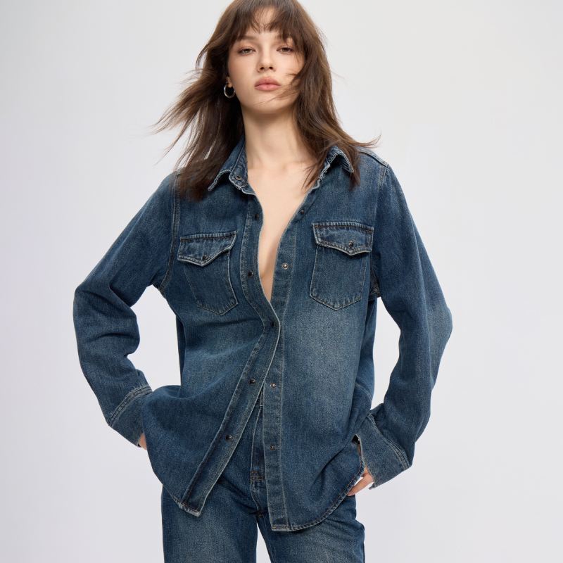 复古水洗工装贴袋牛仔衬衫女2025秋休闲百搭显瘦内搭叠穿外套