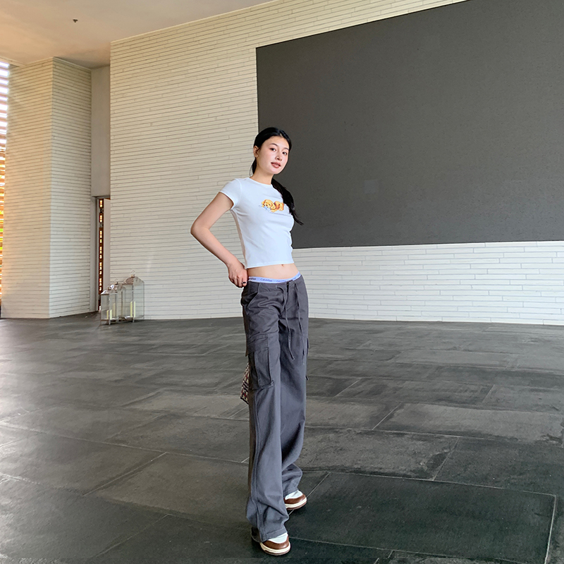 25SS夏季时髦精 美式机能纯棉低腰抽绳工装直筒休闲裤女