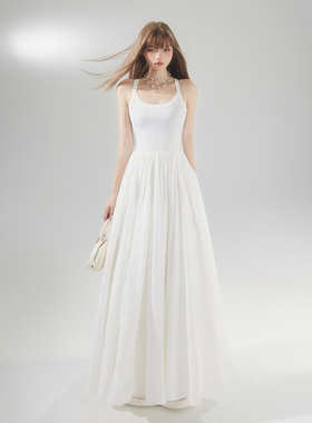 2色美式复古吊带收腰长裙拼接蓬蓬显气质百搭修身显瘦连衣裙