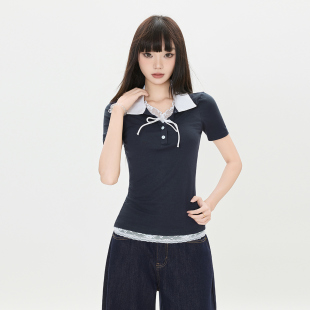 甜辣上衣T恤 纯欲蕾丝拼接假两件短袖 POLO针织衫 女2025夏季 修身