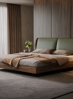 黑胡桃木实木床真皮头层牛皮软包意式极简卧室双人覆古墨绿色悬浮