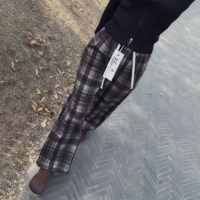 高端定制咖色格纹大码阔腿裤女