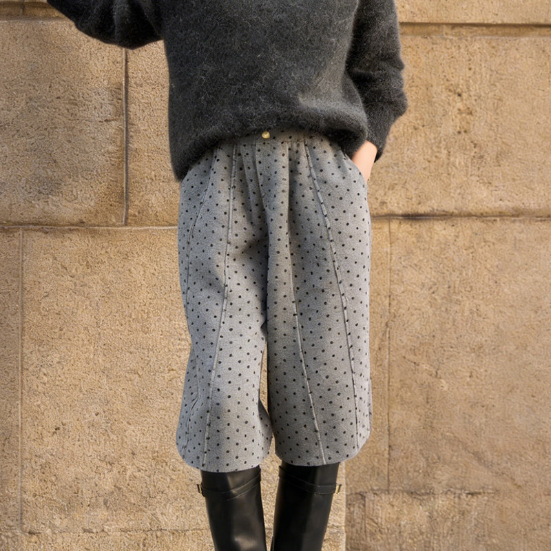 高端定制灰色毛呢大码圆点阔腿裤女2025冬季新款加厚慵懒风休闲裤,女装/女士精品,大码裤装,淘宝优惠券,粉丝福利购,淘宝优惠卷
