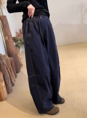 欧货高端定制深蓝色棉麻大码阔腿裤女2025秋冬新款加厚小众休闲裤