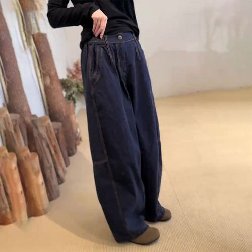 高端定制深蓝色棉麻大码阔腿裤女