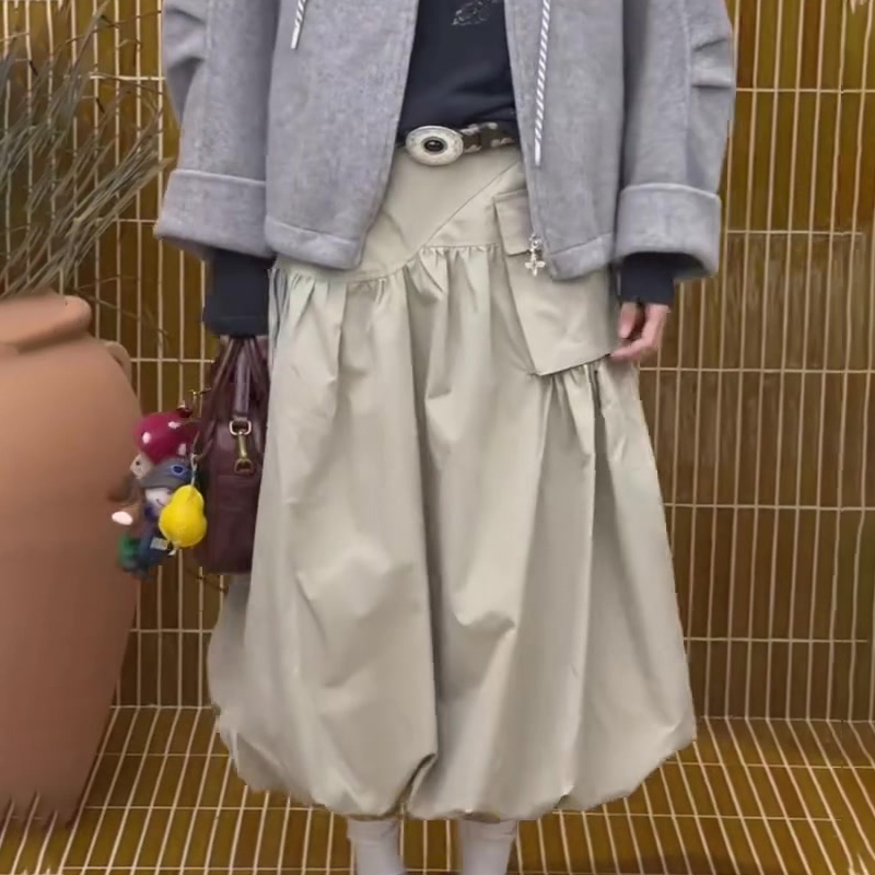 欧货高端卡其色大码半身花苞裙女