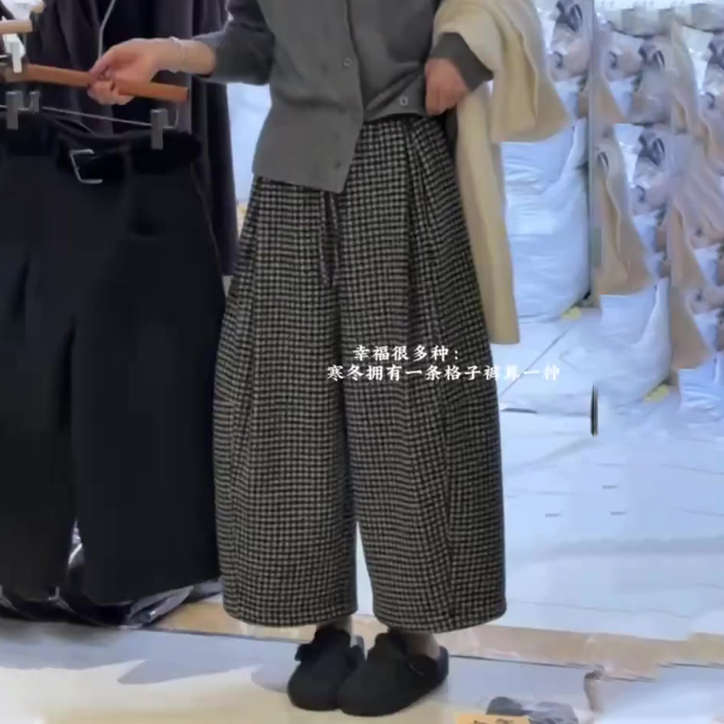 高端定制灰色毛呢大码格子阔腿裤