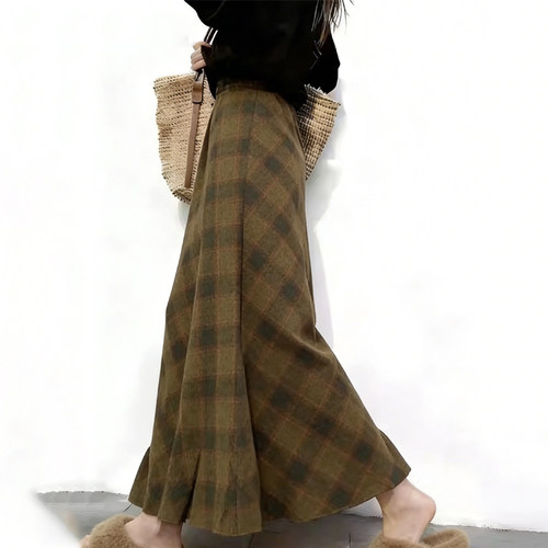 高端定制黄绿色格纹大码半身裙女