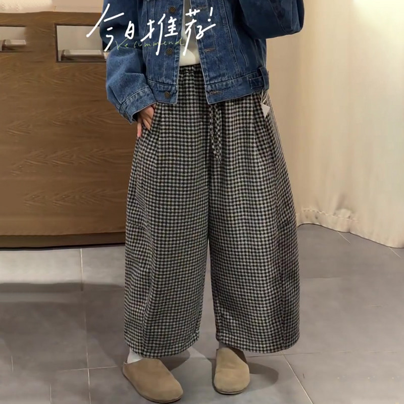 欧货高端定制灰色格纹大码阔腿裤