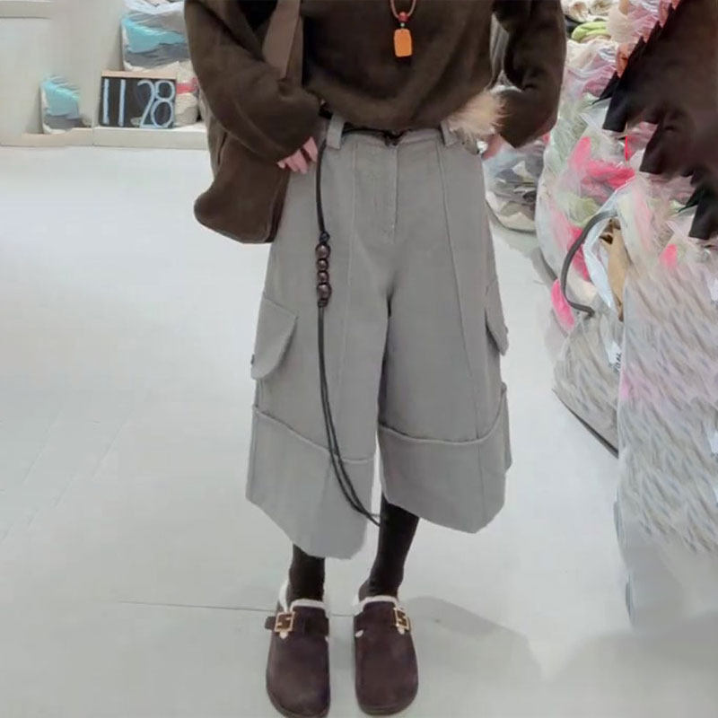 高端定制灰色毛呢大码阔腿裤女2025冬季新款加厚工装风七分休闲裤,女装/女士精品,大码裤装,淘宝优惠券,粉丝福利购,淘宝优惠卷