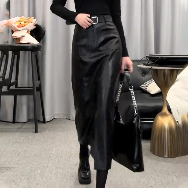 欧货高端定制黑色大码半身皮裙女