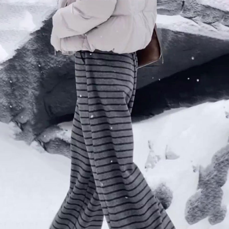 欧货高端定制灰色条纹毛呢大码阔腿裤女2025秋冬新款加厚休闲裤子